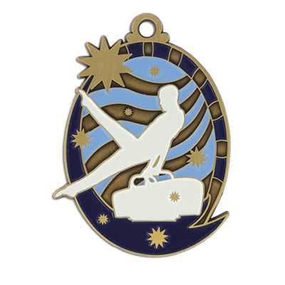 Gymnast silhouette, blue banner, starbursts, gold medal
