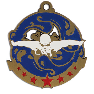 Swimmer, red stars, banner, gold medal