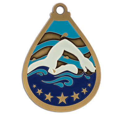 Swimmer silhouette, stars, blue water, waves, gold medal
