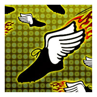 Track flames swatch, flaming winged foot, yellow background