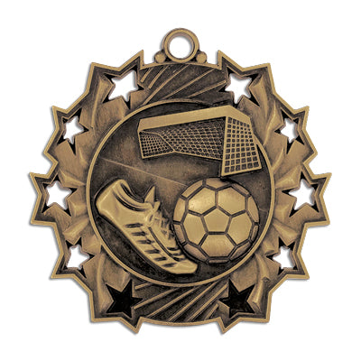 Soccer ball, cleat, net, 10 stars, gold medal