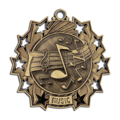 Music notes, g-clef, 10 stars, gold medal