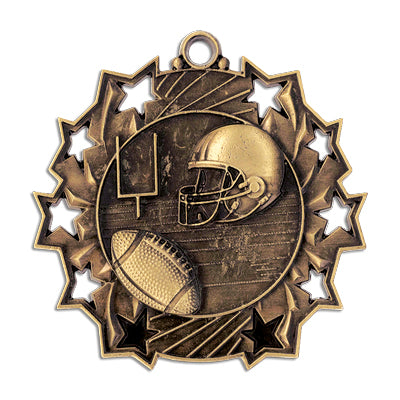 Football helmet, football, field goal post, 10 stars, gold medal