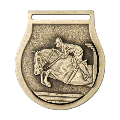 Horse with rider jumping, gold medal