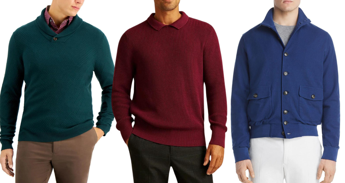 three sweaters with different colors from Tasso Elba, Bonobos, and Dylan Gray