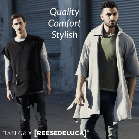 Two male models in [REESEDELUCA]®'s clothes. The poster says "quality, comfort, stylish"