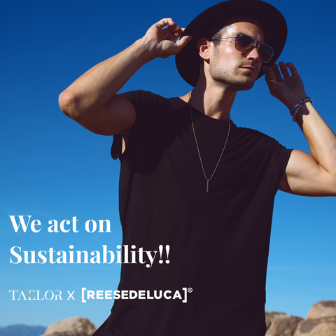 A male model in [REESEDELUCA]®'s black t-shirt. The poster says "we act on sustainability!!"