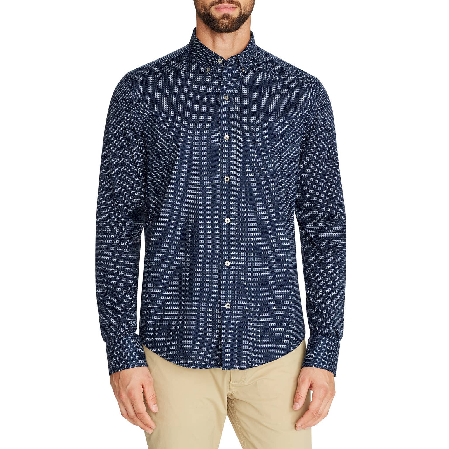 W.R.K Navy Mini Dot Long Sleeve Knit Back Button Up Shirt