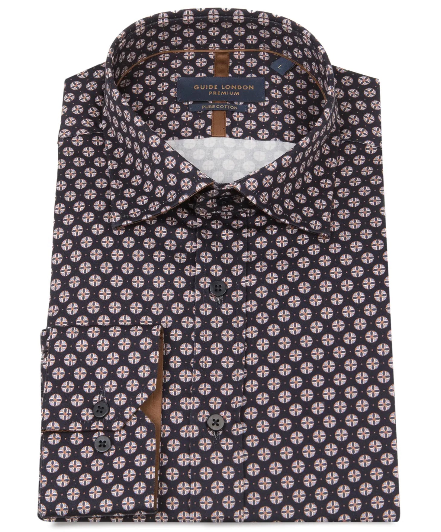 Guide London Navy Circle Geo Print Long Sleeve Button Up Shirt