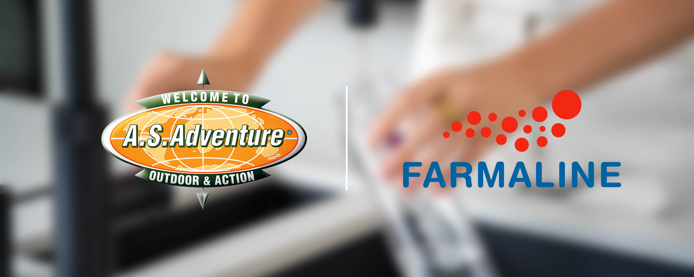 The AS Adventure and Farmaline logo's on top of someone filling a Qallo bottle with water.