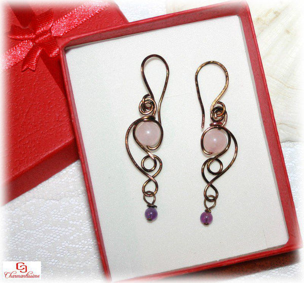 cadeau bijou pour femme : pendants d'oreilles en pierres fines rose violet cuivre marron tendance elfique