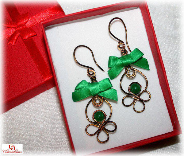 cadeau original bijou pour femme : boucles d'oreille jade vert cuivre bronze tendance retro