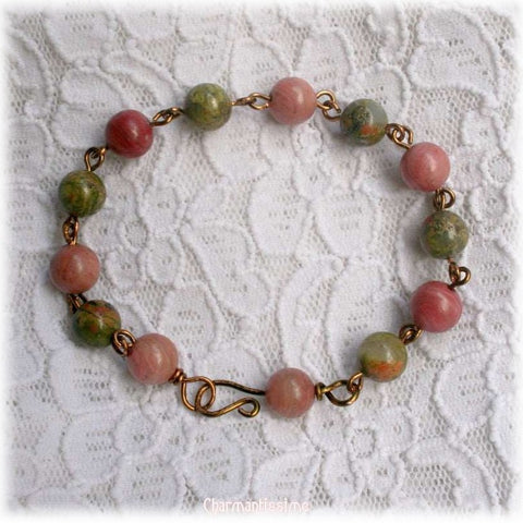 joli bracelet tendance elfique en pierres de rhodonite et d'unakite fait main