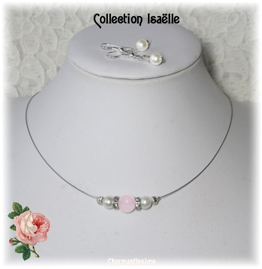 Charmantissime, marque de bijoux colliers de mariée avec pierres fines de quartz rose, perles de nacre et strass pour mariage et fête, collection Isaelle