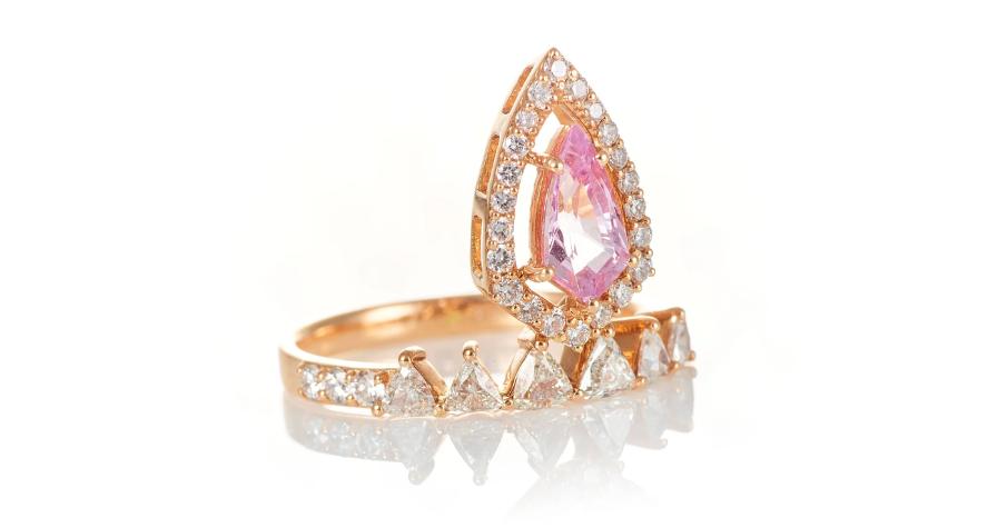 18K Rose Gold Key Cut Pink Sapphire and Trillion Diamond Fashion Ring