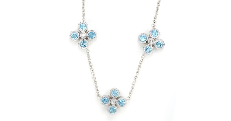 Blue Topaz and Diamond Floral Necklace in 14k White Gold