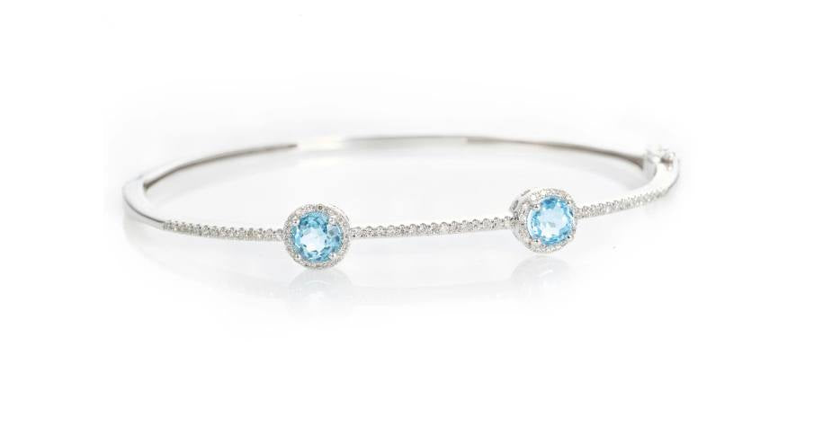 Custom-Made Diamond and Blue Topaz Bangle Bracelet in 14k White Gold