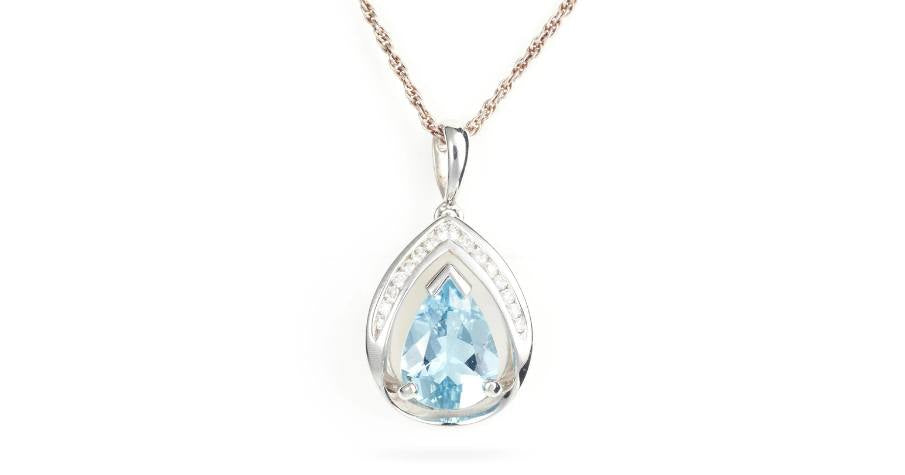 Custom-Made Pear Shape Aquamarine Diamond Pendant in 14k White Gold