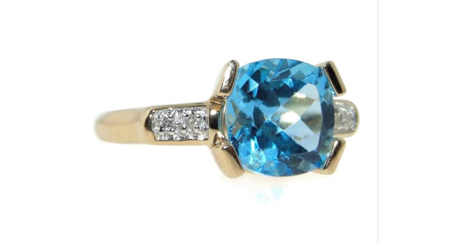 Estate 3.0 carat Blue Topaz Statement Ring in 14k Yellow Gold with Diamonds