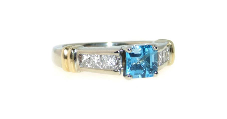 Estate Blue Princess Cut Topaz Diamond Ring in 14k White and Yellow Gold