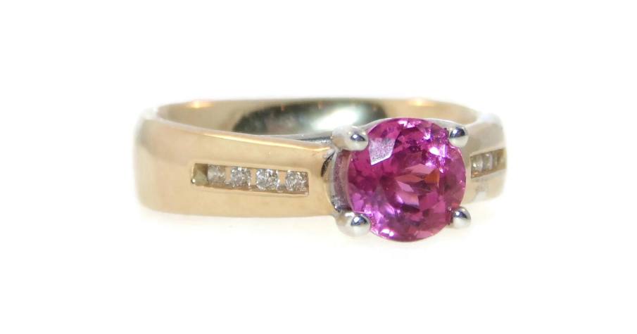 Estate Pink Tourmaline and Diamond Round Melee Cut Ring in 14k Yellow Gold