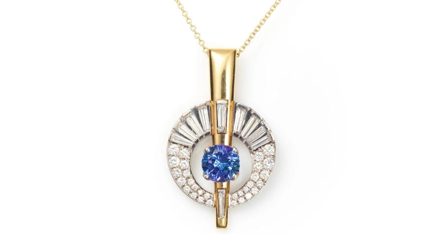 Estate Tanzanite and Baguette Diamond Power Pendant Necklace Made in 14k Yellow Gold