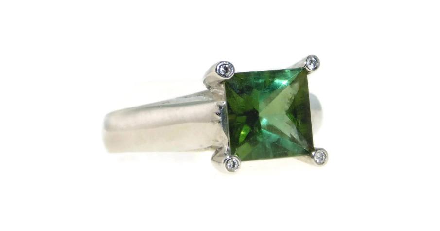 Green Tourmaline Ring in 14k White Gold with Diamond Accents