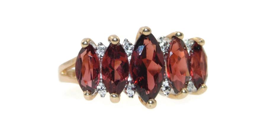 Red Garnet Row Ring in 10k Yellow Gold with Diamonds