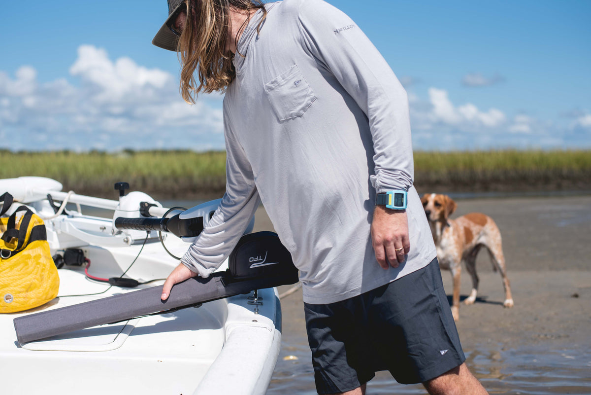 Model wearing the grey angler bamboo hoodie.