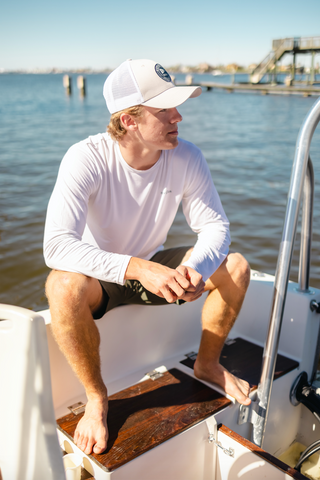 Model wearing a men's fishing shirt.