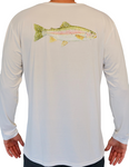 Back of the Rainbow Trout Long Sleeve Bamboo Shirt. This bamboo fishing shirt provides UPF 40+ sun protection.