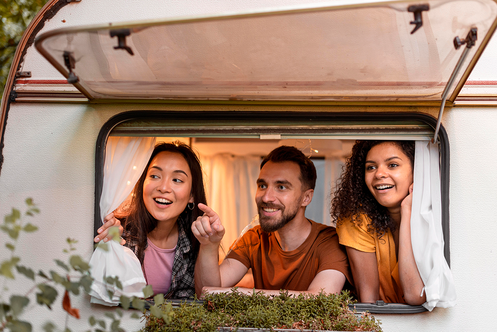 Family enjoying camping with RV with a portable power station