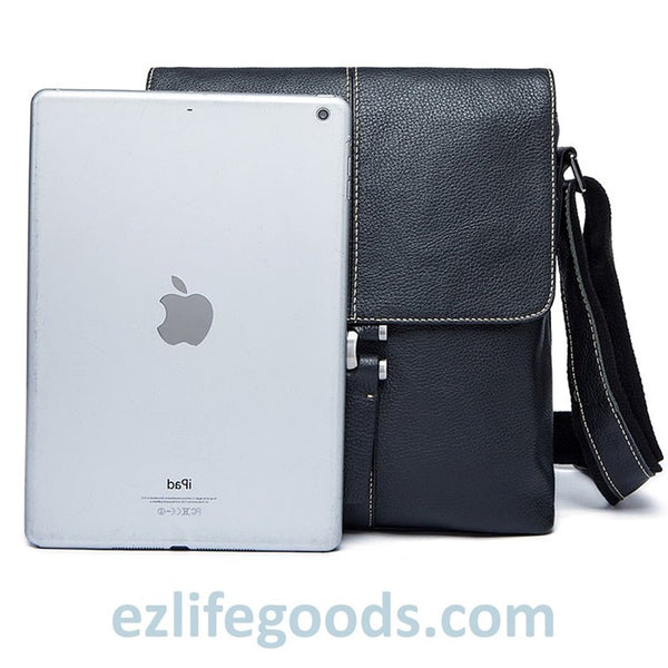 EZ Life Goods-Litchi Grain Genuine Leather Crossbody Messenger Bag for Men Black