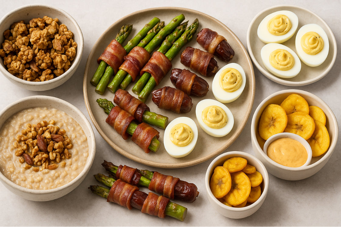 Paleo snack plate with bacon-wrapped asparagus, dates, deviled eggs, plantain chips, and granola clusters