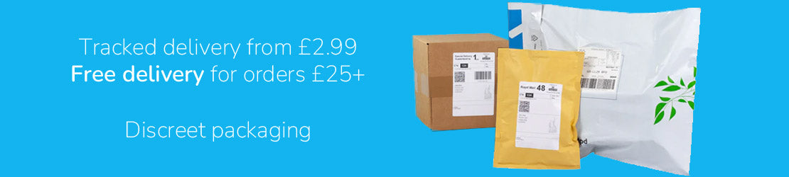 Unbranded packaging next to text saying 'tracked delivery from £2.99, free delivery for orders £25+'