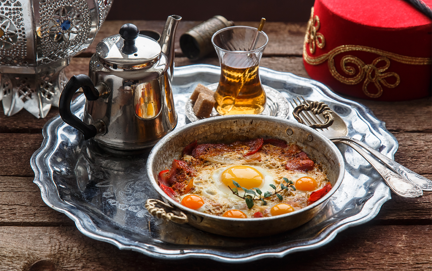 Turkish scrambled eggs, Turkish tea, Turkish breakfast 