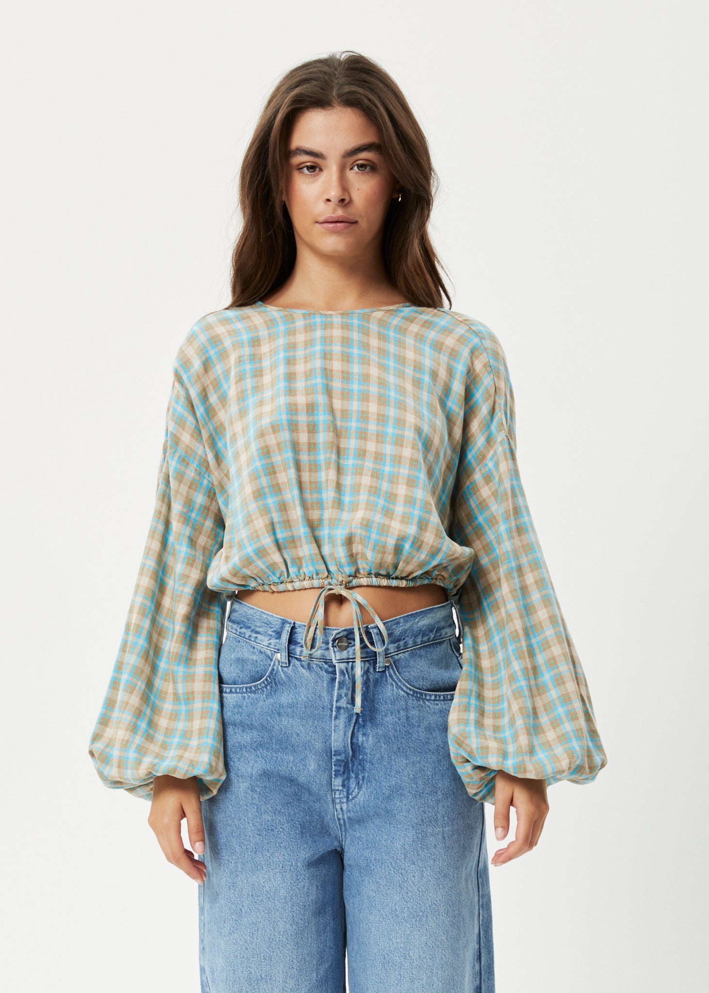 Image of Afends Womens Millie - Hemp Cropped Long Sleeve Top - Tan Check