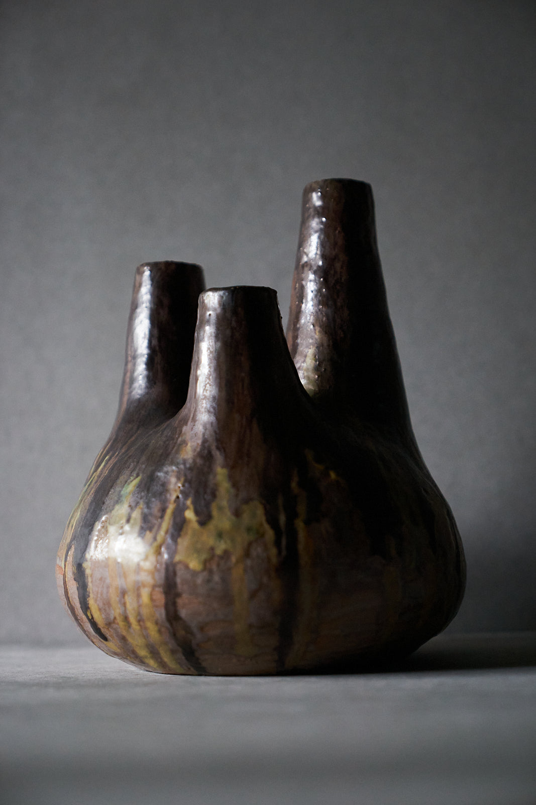 Three Neck Studio Pottery Flower Vase FAT LAVA
