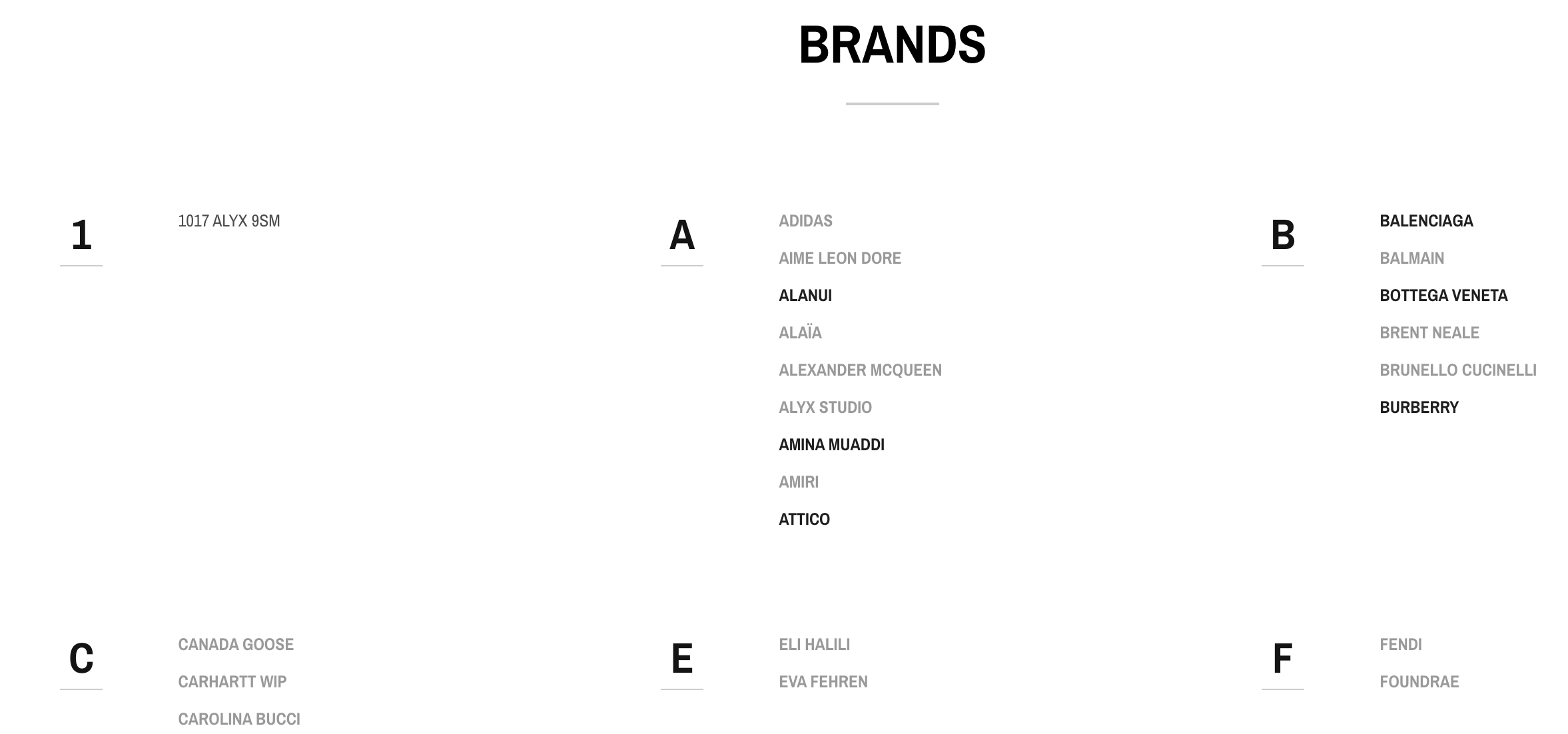 The ‘Brand’ page allows shoppers to find products by their favorite designers