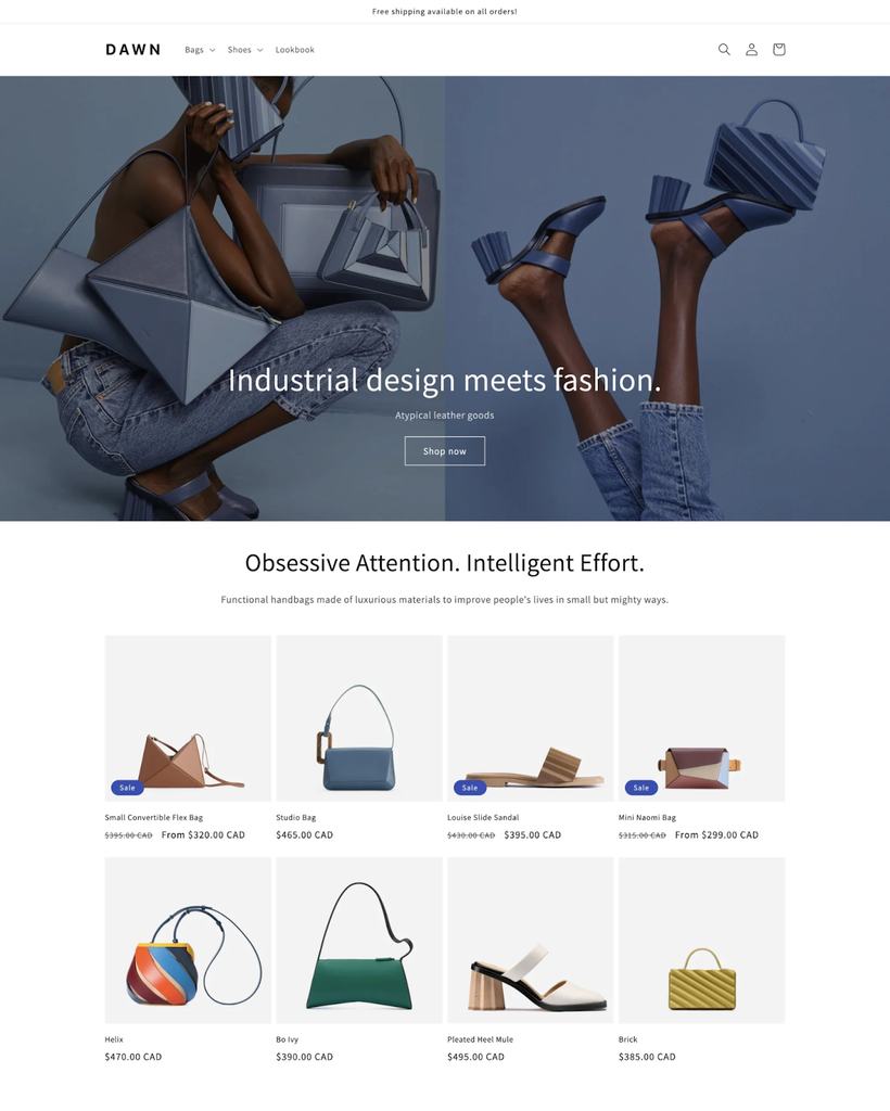 The Dawn theme is a very minimalistic theme created by Shopify itself. This is the default theme that every Shopify store will have when they set up their storefront.