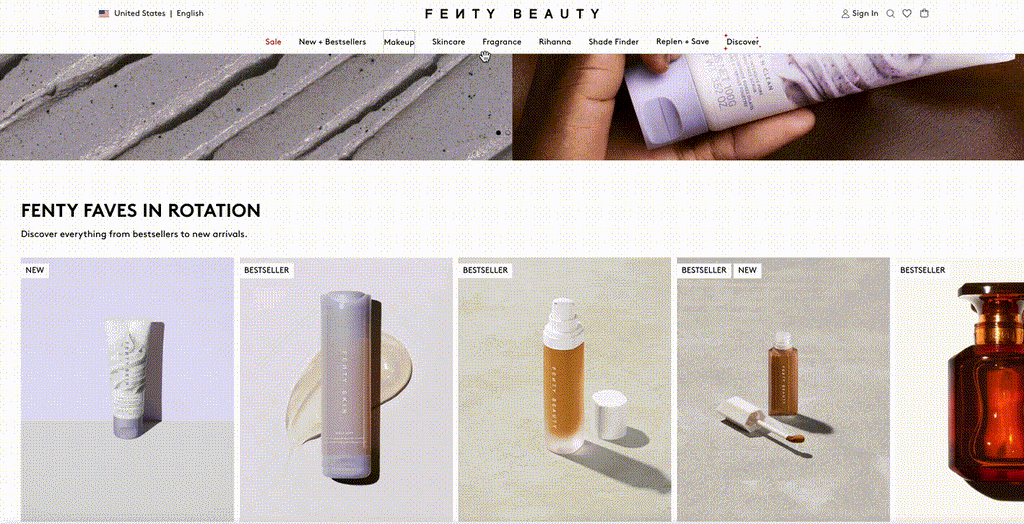 Fenty Beauty has used a very well-categorized menu in their Shopify website design. With the use of negative spacing to keep each menu item well-segmented and the featured collections, this menu is sleek and user-friendly.