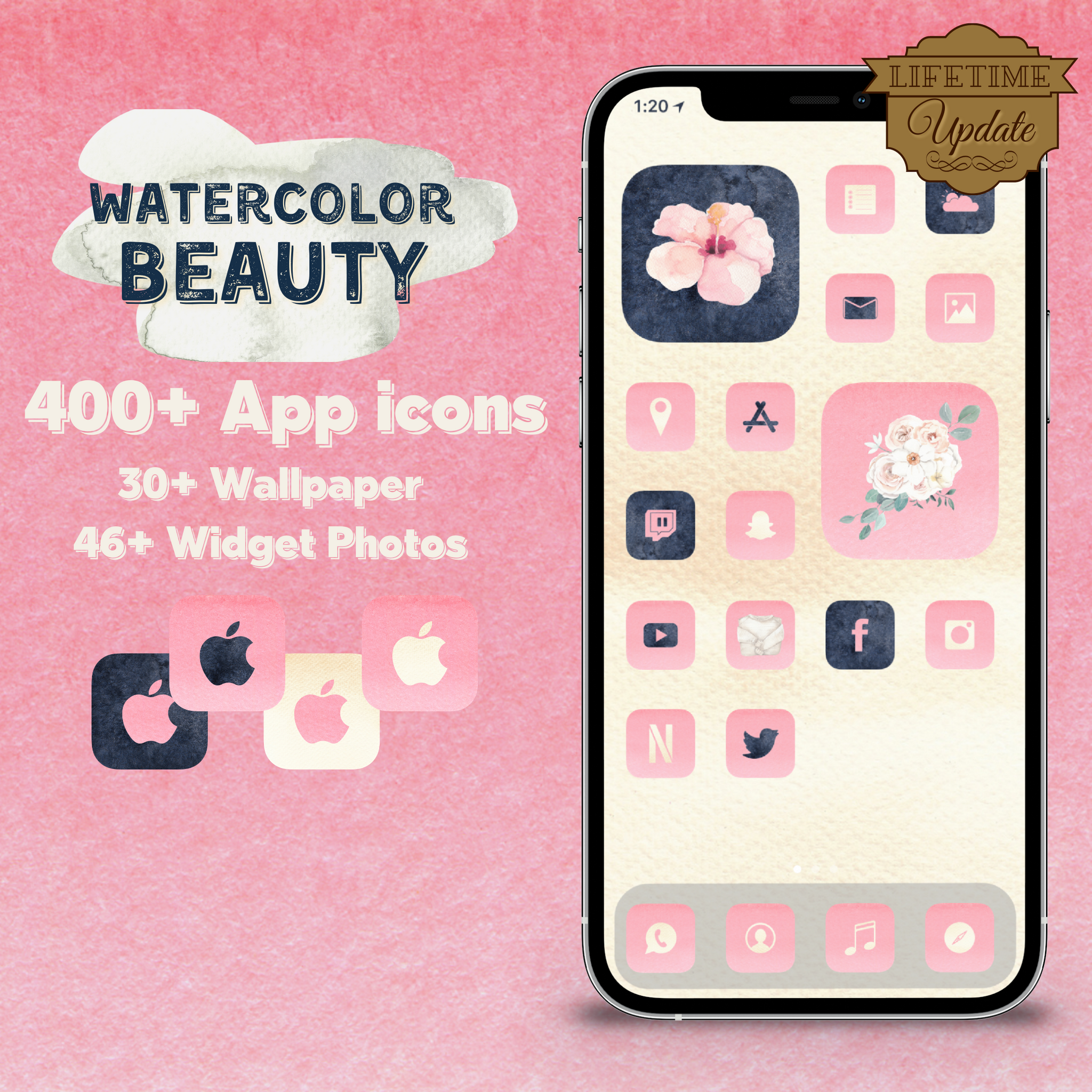 400 Watercolor Beauty Icon Pack Ios 14 App Icons Social Media Icons Game Cb