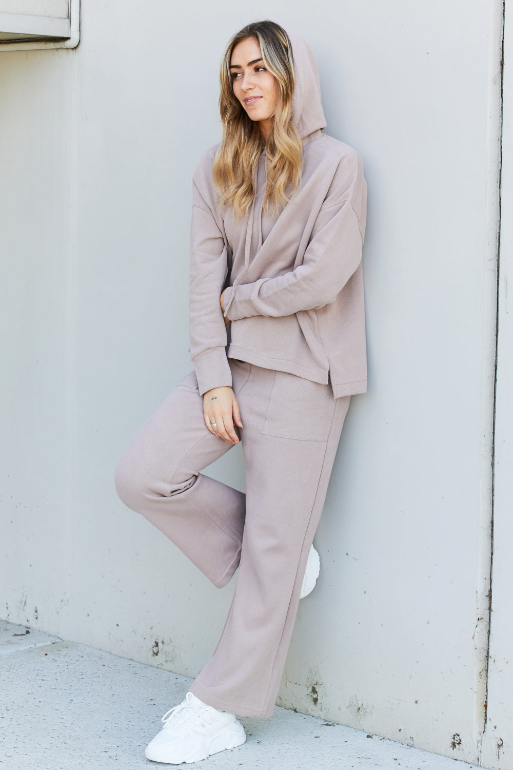 Kimberly C Full Size Drawstring Side Slit Hooded Loungewear Set