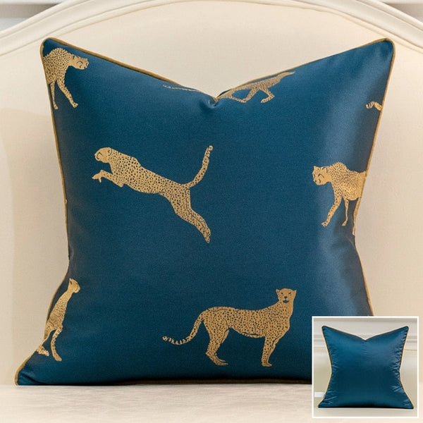 Silky Leopard Print Jacquard Blue Piped Cushion Cover - Animal Collect ...