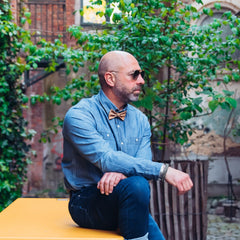 man in jeans look with natural cork bow tie