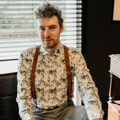 man wearing cognac cork braces