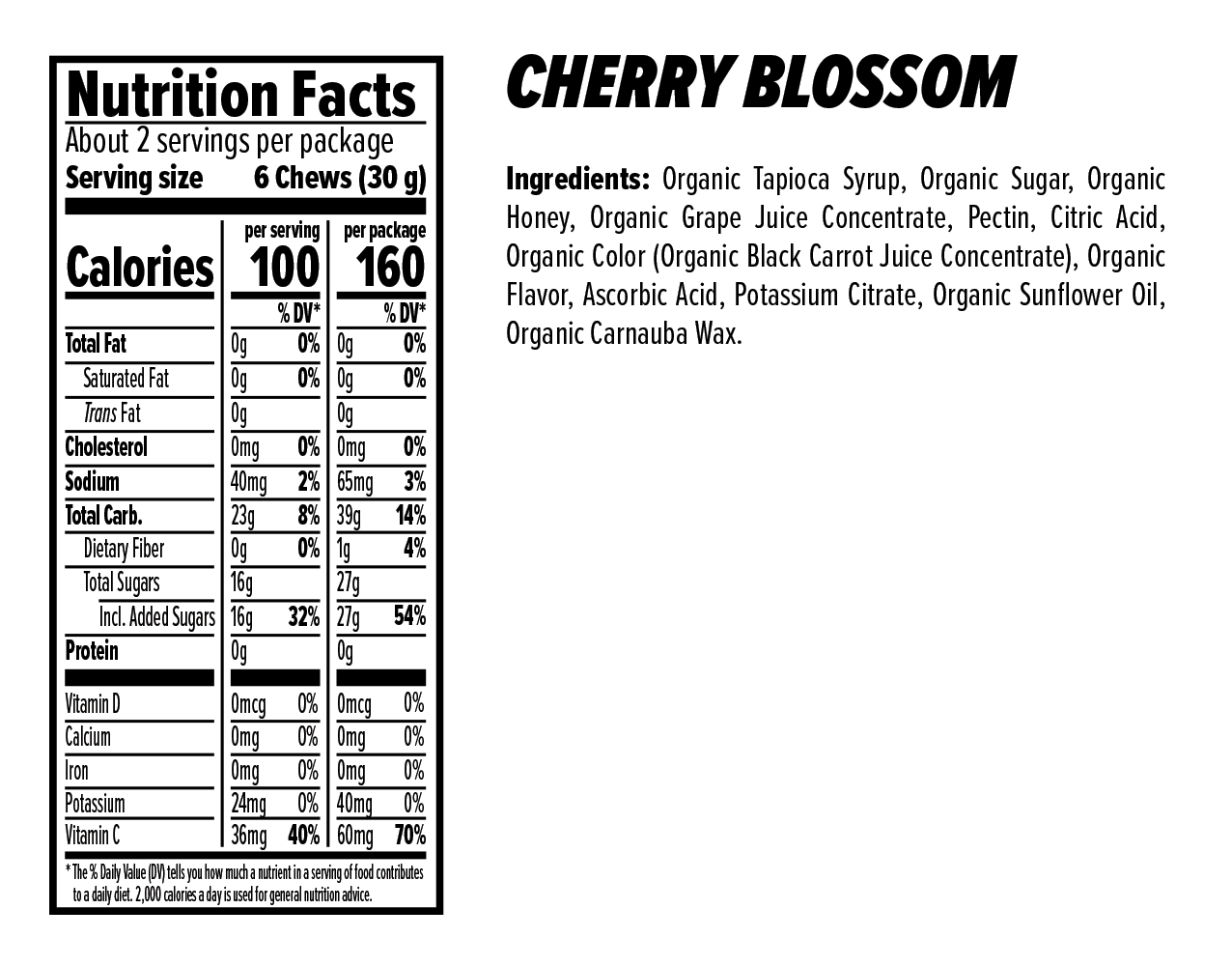 Información nutricional de Honey Stinger Cherry Blossom Energy Chews