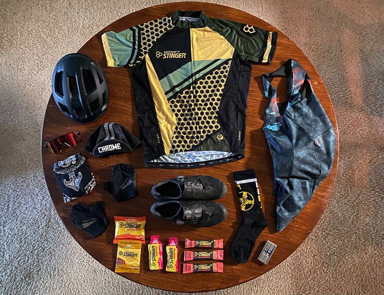 Layout of cycling gear with Honey Stinger products