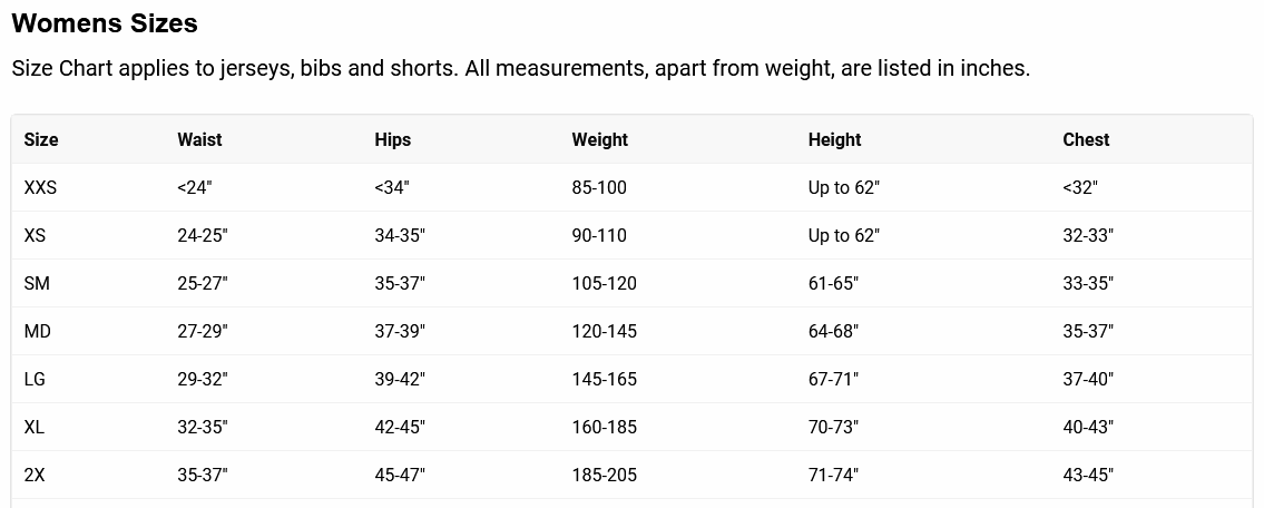 Women's Cycling Apparel Size Chart