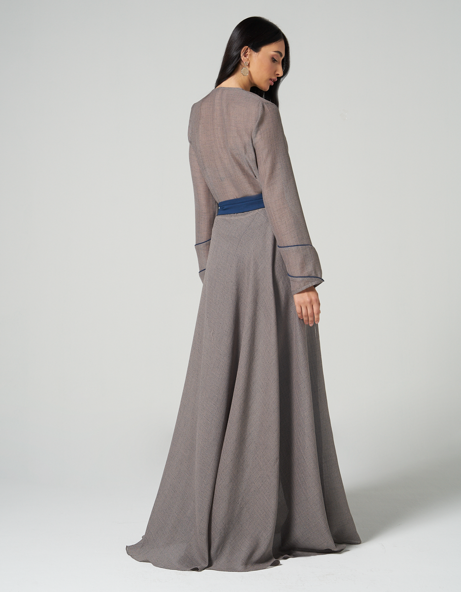 Grey Cotton Abaya with Navy Blue Linen Trouser | Buy Abaya Online in UAE